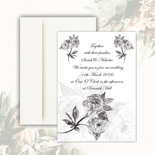 Botanical Rose Wedding Invitation - Black and White