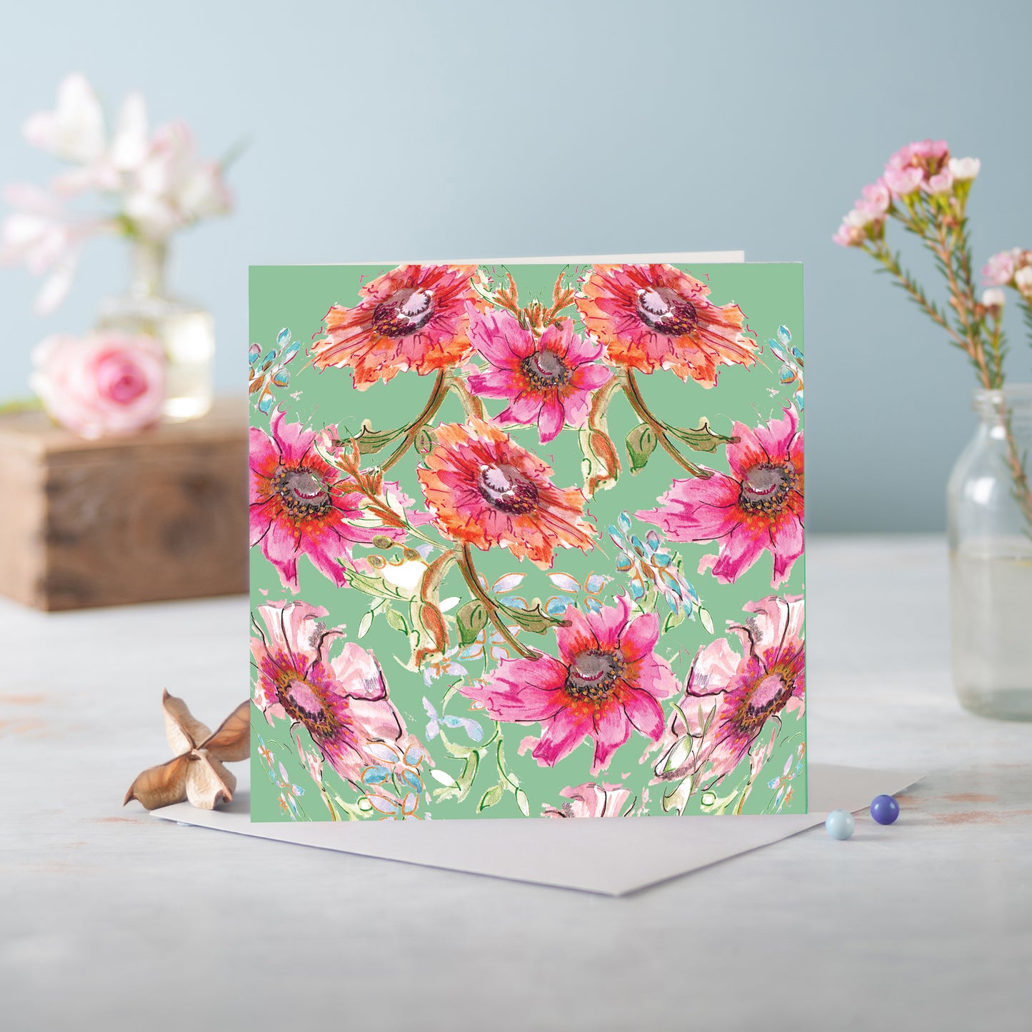 Cottage Floral Mint Green Greetings Card - Pack of 6