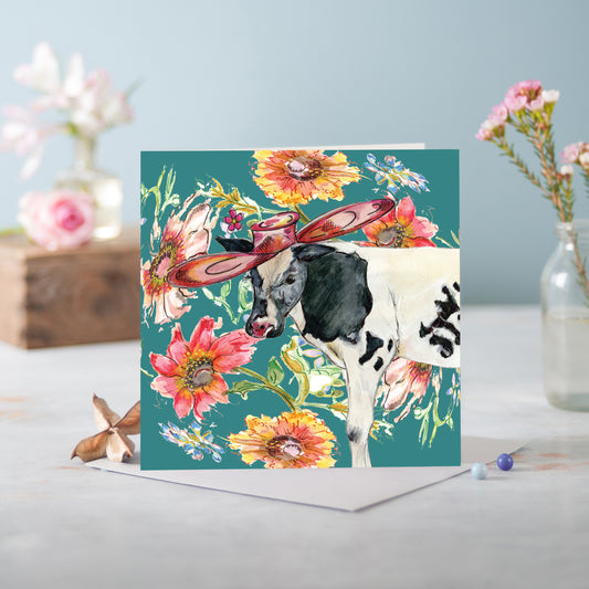 Cottage Floral Cow Greeting Card - Pack of 6
