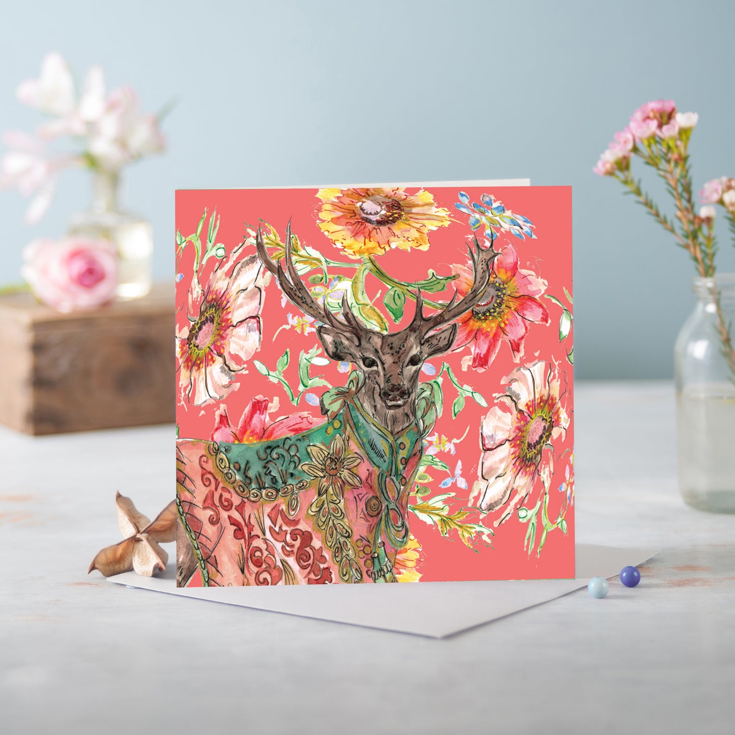 Cottage Floral Ornate Stag Greeting Card - Pack of 6