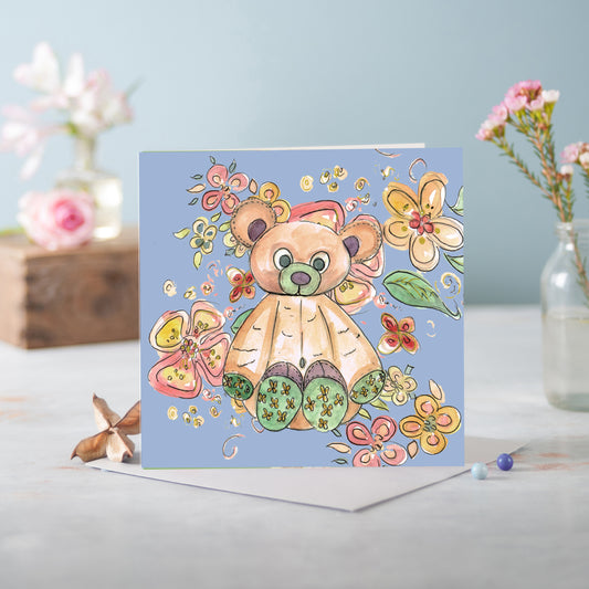 Cottage Floral Baby Blue Bear Greeting Card - Pack of 6
