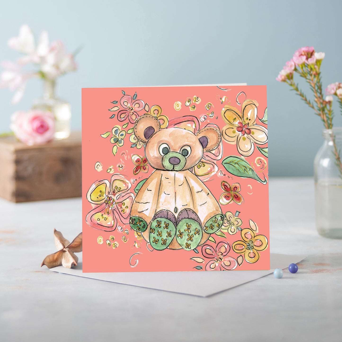 Cottage Floral Peachy Pink Bear Greeting Card - Pack of 6