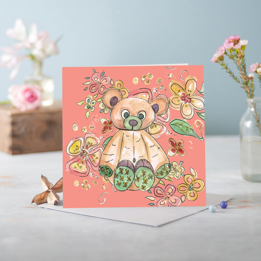 Cottage Floral Peachy Pink Bear Greeting Card - Pack of 6