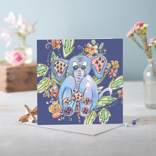 Cottage Floral Blue Nova Elephant Greeting Card - Pack of 6