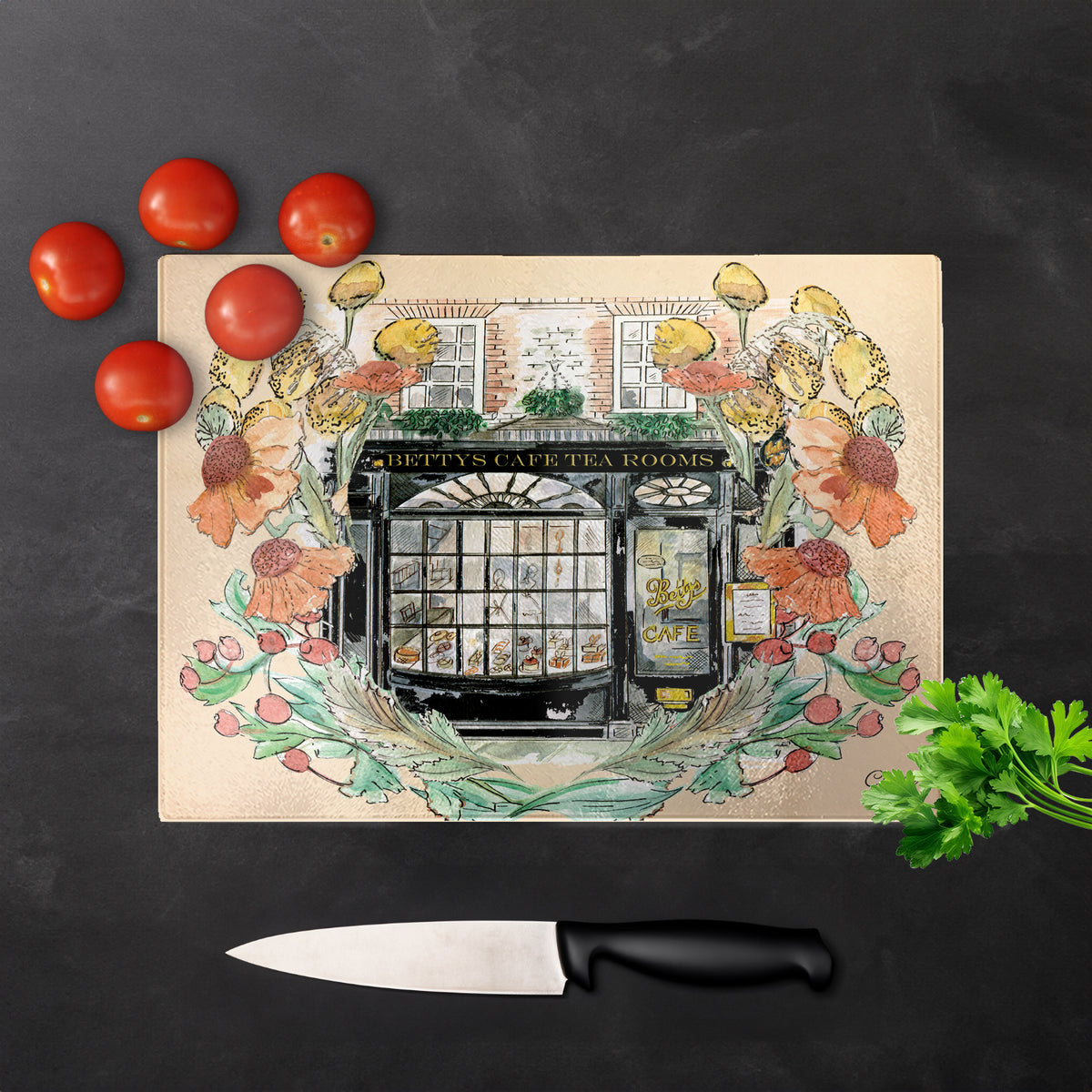 Bettys In Full Bloom Glass Chopping Board