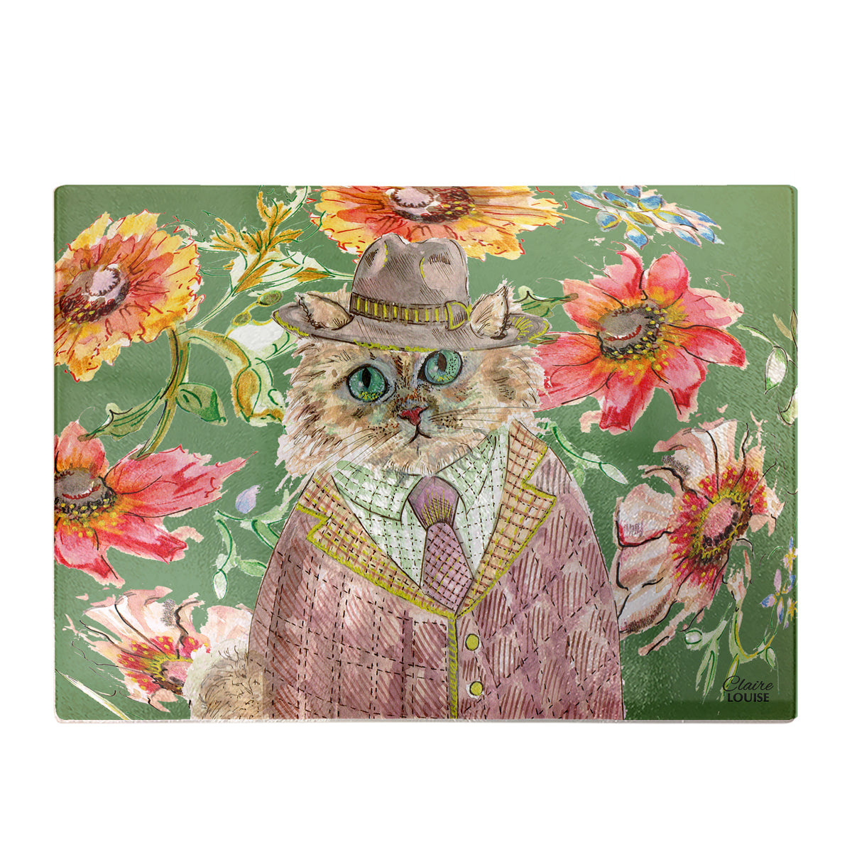 Cottage Floral Cat Glass Chopping Board