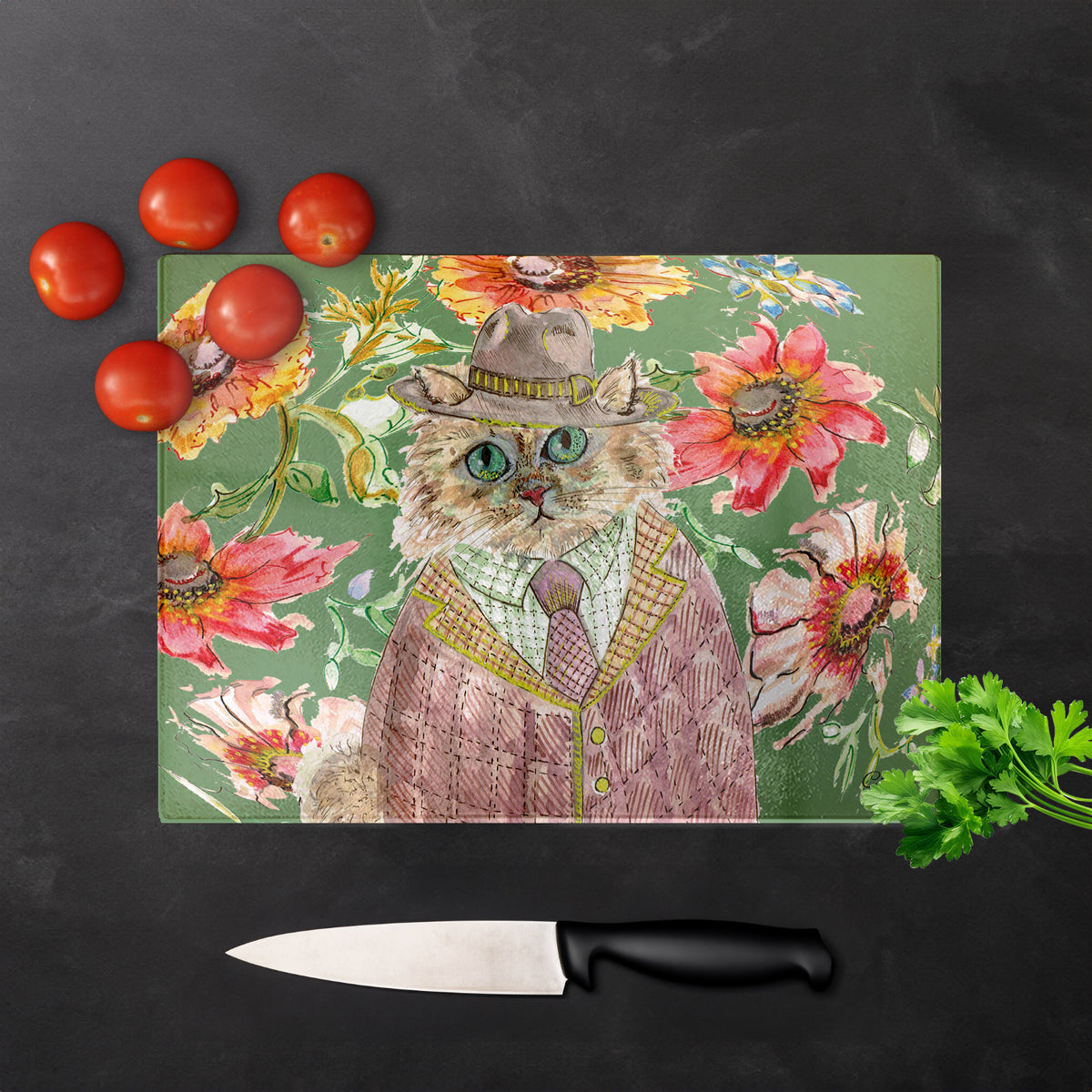 Cottage Floral Cat Glass Chopping Board