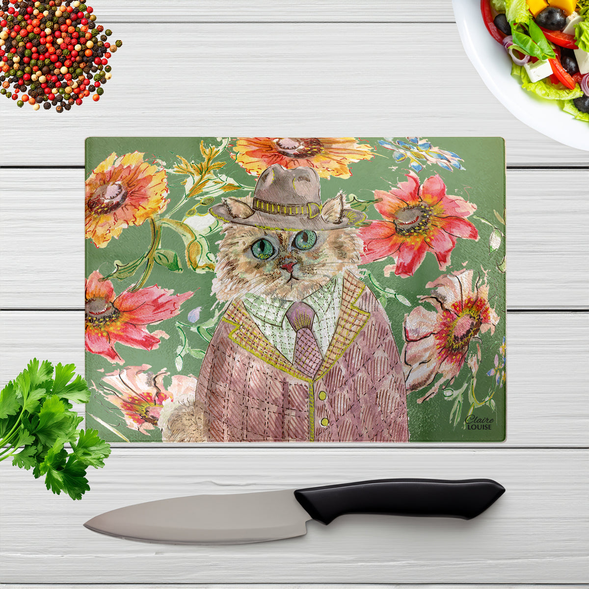 Cottage Floral Cat Glass Chopping Board