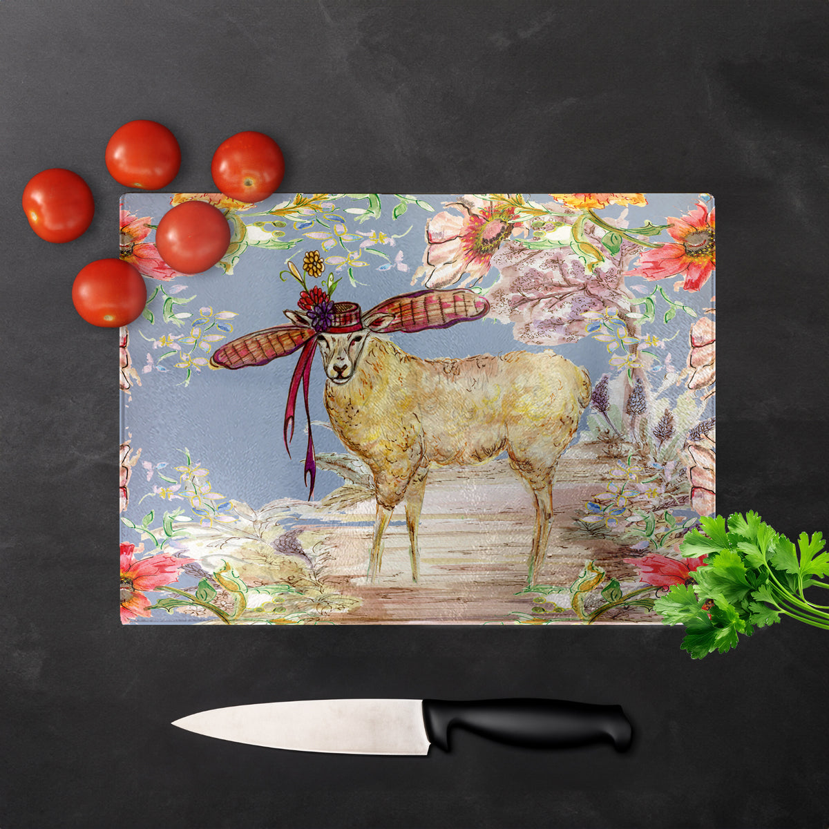 Whimsical Sheep Glass Chopping Board