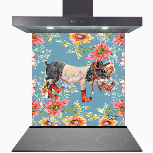 Whimsical Pig Kitchen Glass Splashback