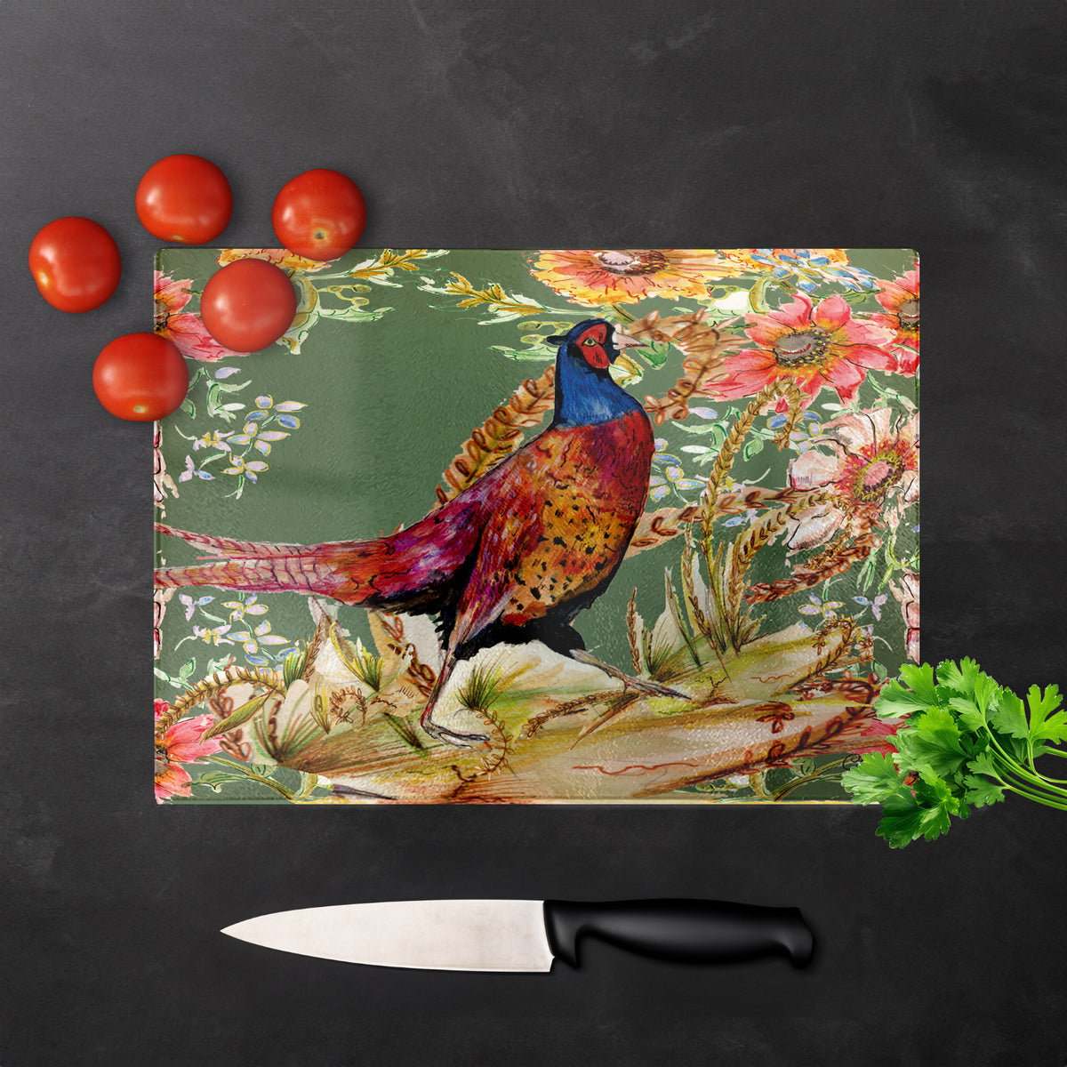 Whimsical Pheasant Glass Chopping Board