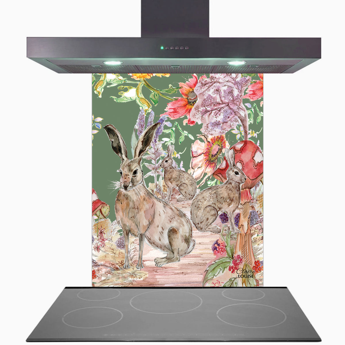 Whimsical Hare Kitchen Glass Splashback