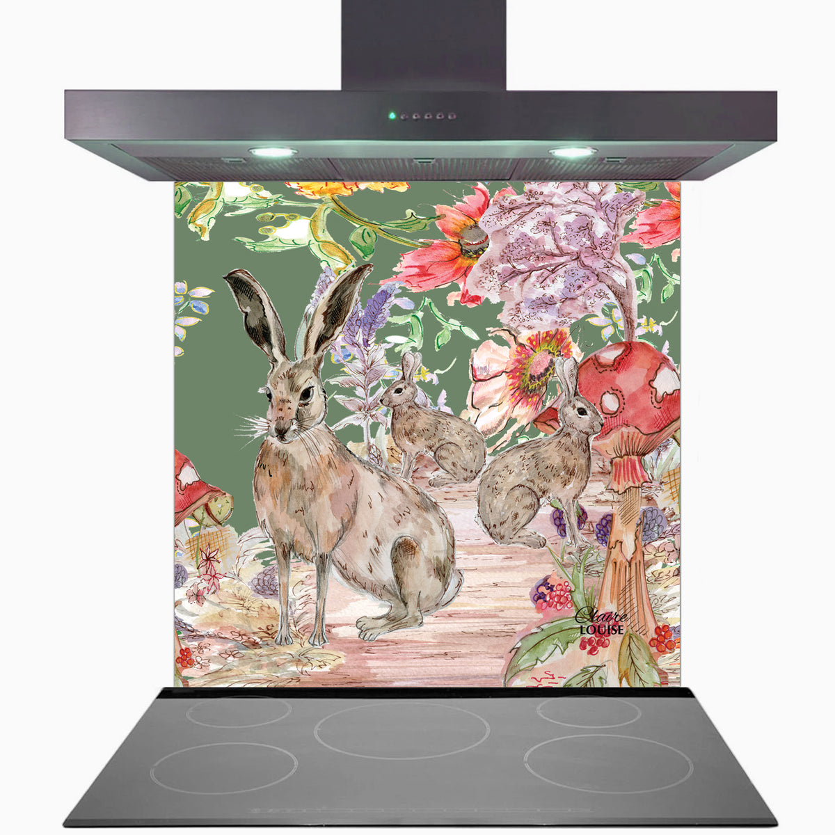 Whimsical Hare Kitchen Glass Splashback