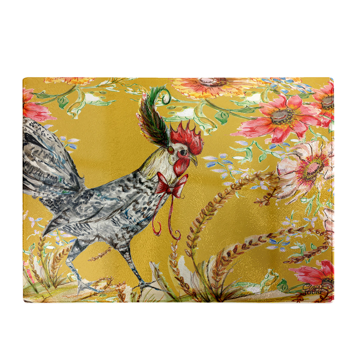 Whimsical Cockerel Glass Chopping Board