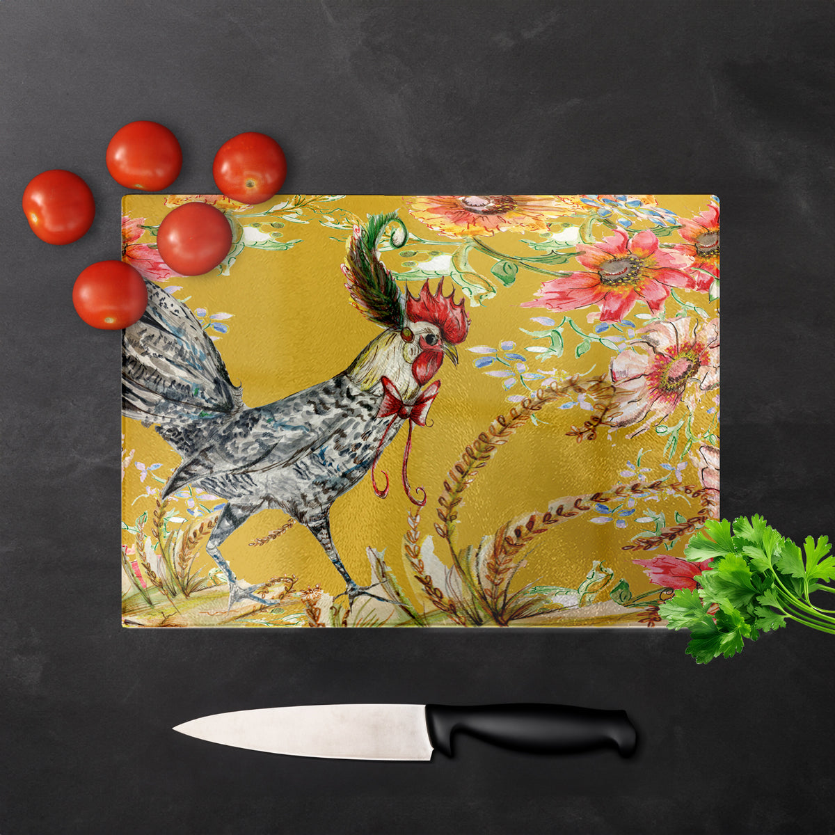 Whimsical Cockerel Glass Chopping Board