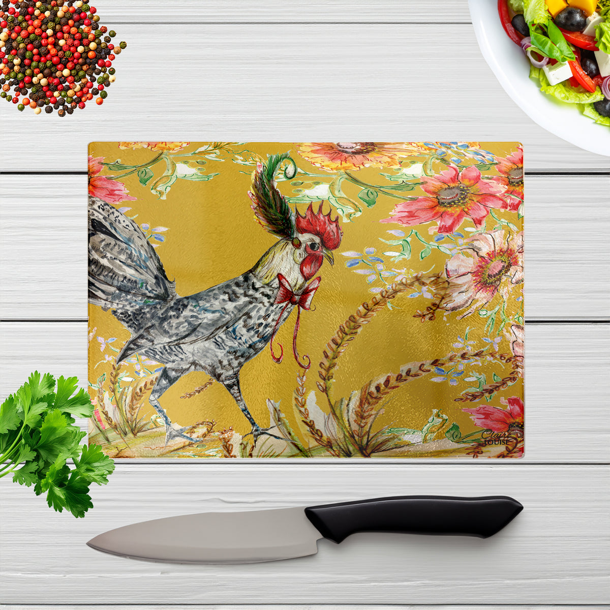 Whimsical Cockerel Glass Chopping Board