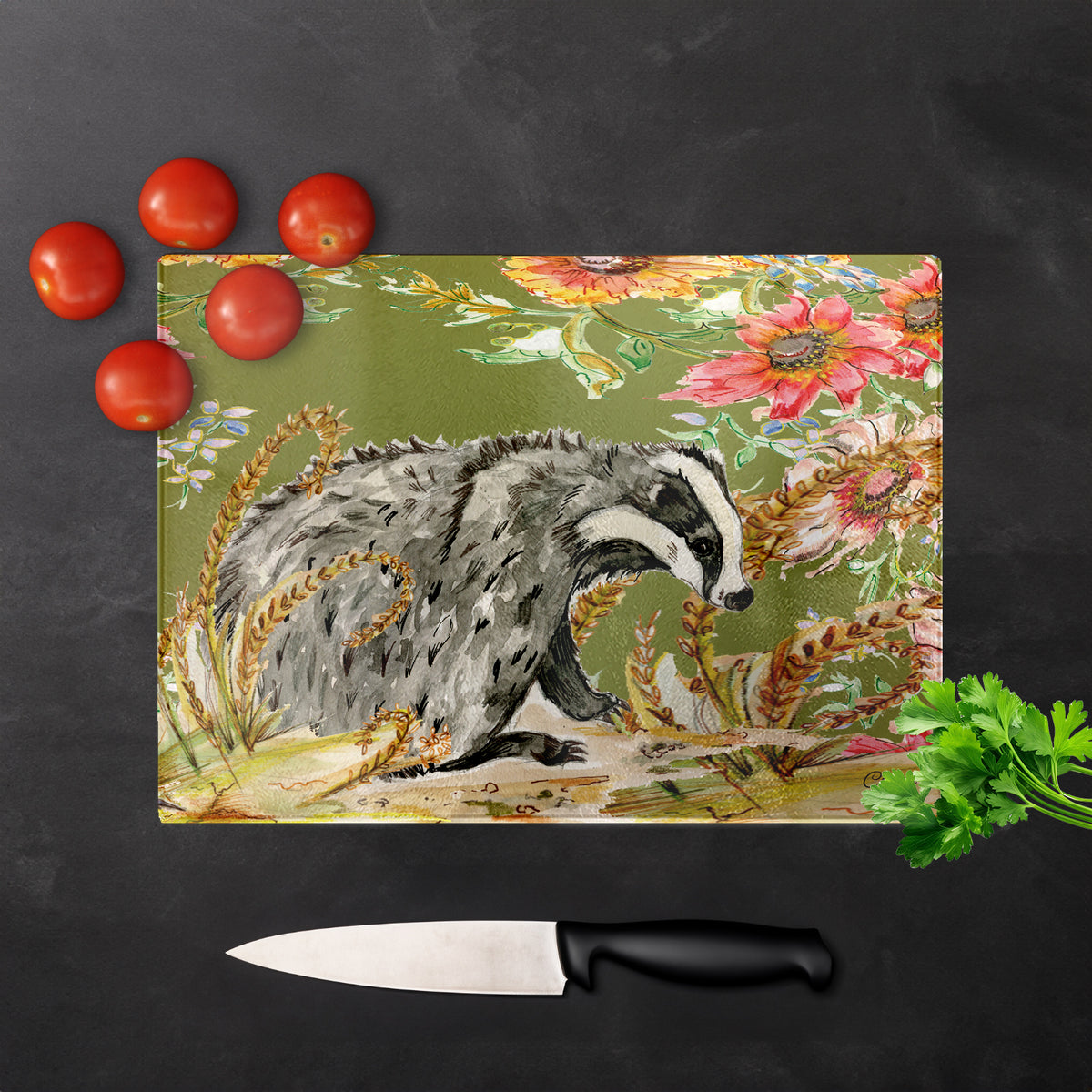 Whimsical Badger Glass Chopping Board