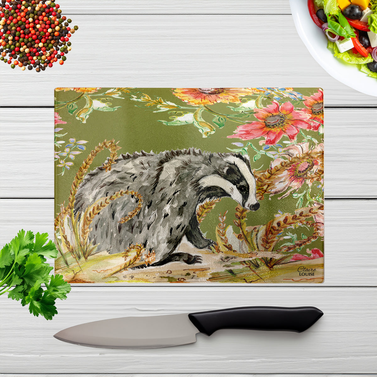Whimsical Badger Glass Chopping Board
