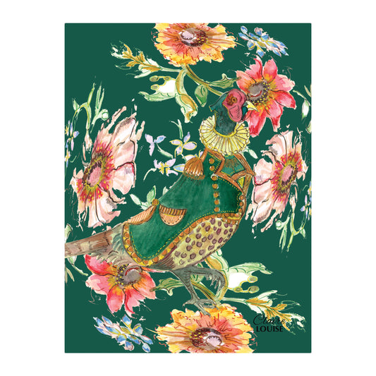 Cottage Floral Forest Green Pheasant Glass Wall Art