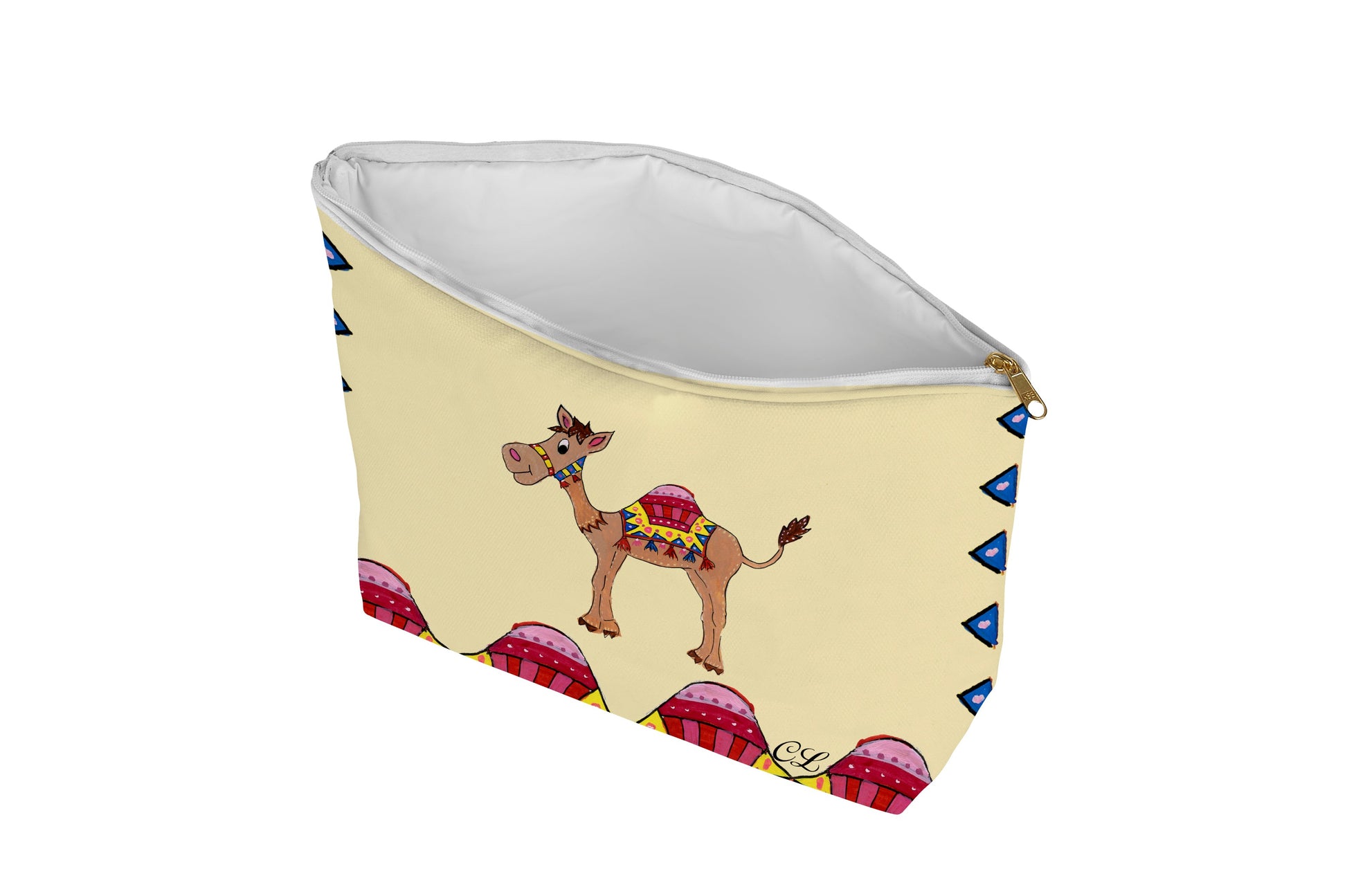 Small pouch with a camel design on a beige background