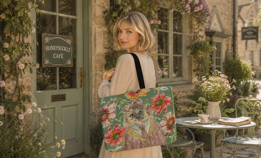 Cottage Floral Cat double sided print shopper