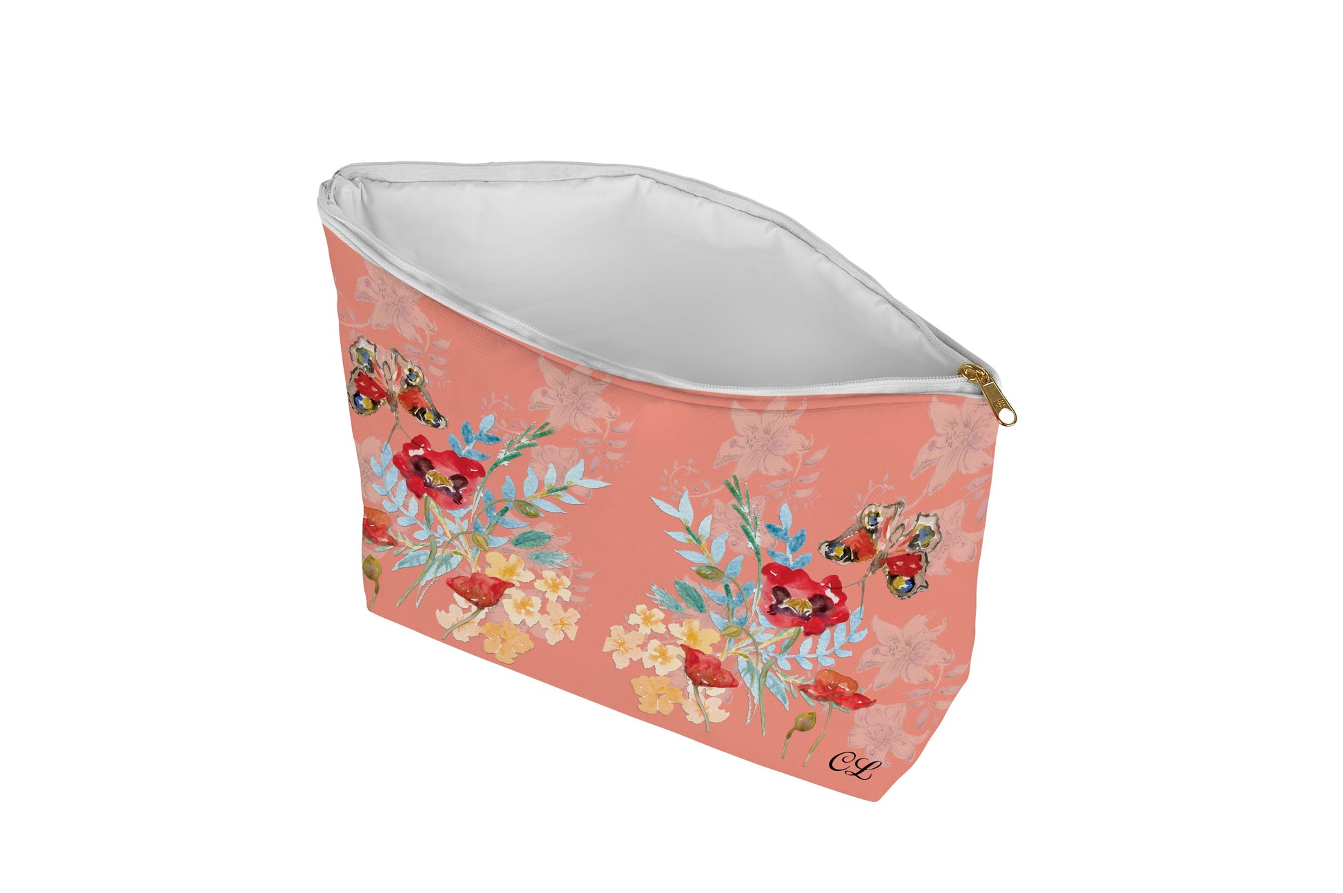 Floral-patterned makeup bag on a peach background