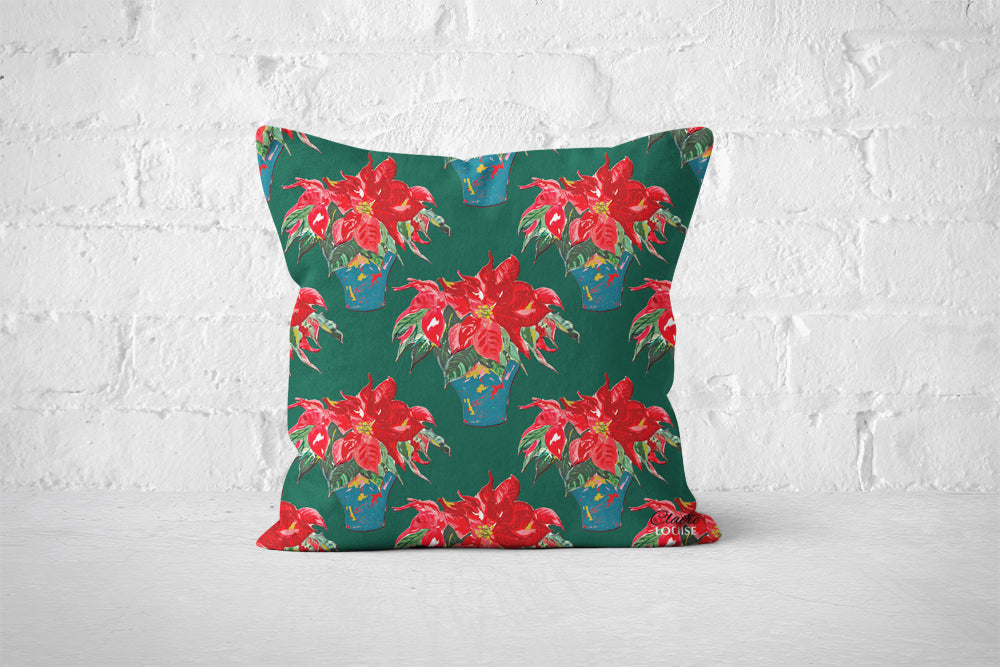 Christmas Rose Forest Green Patterned Cushion
