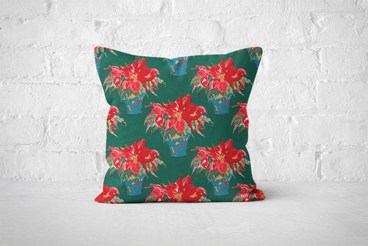 Christmas Rose Forest Green Patterned Cushion