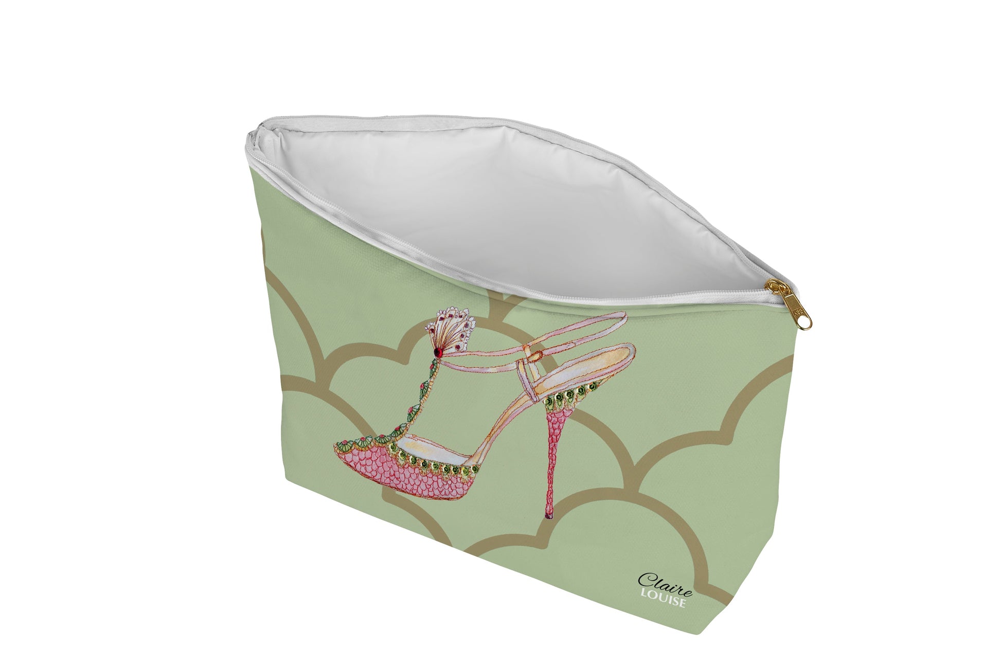 Green pouch with pink high-heeled shoe design on a white background