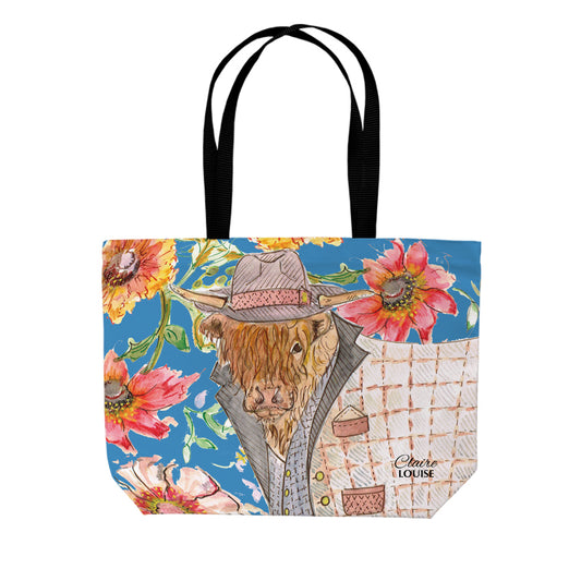 Cottage Floral Highland Cow double sided print shopper
