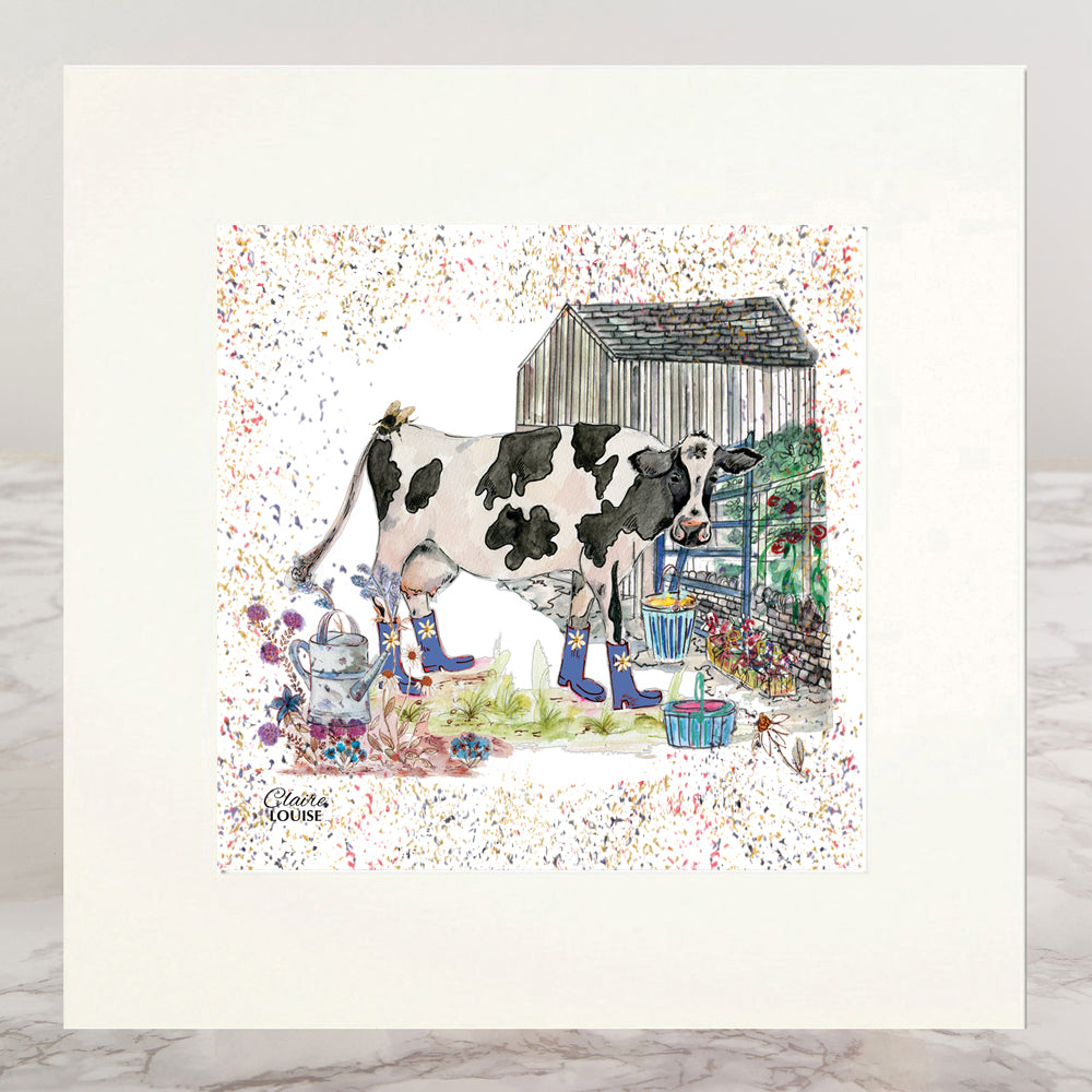 Cow Bouquet Boots Mounted Print