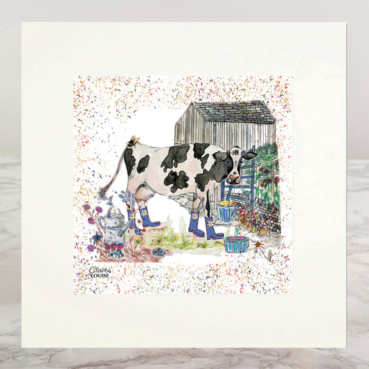 Cow Bouquet Boots Mounted Print