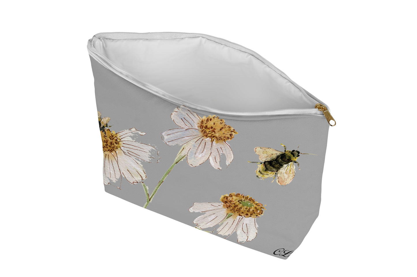 Cosmetic bag with floral design on a grey background
