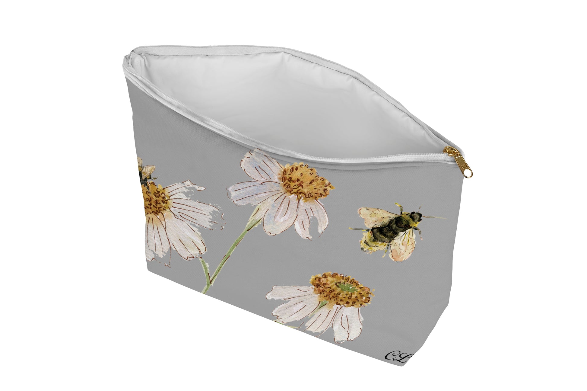 Cosmetic bag with floral design on a grey background