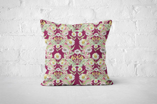Deep Plum Daisies Bloom Patterned Outdoor Cushion