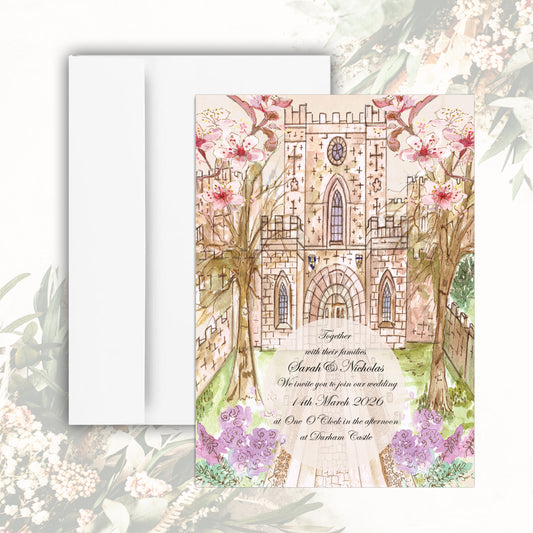 Durham Castle Blossom Wedding Invitation - Beige