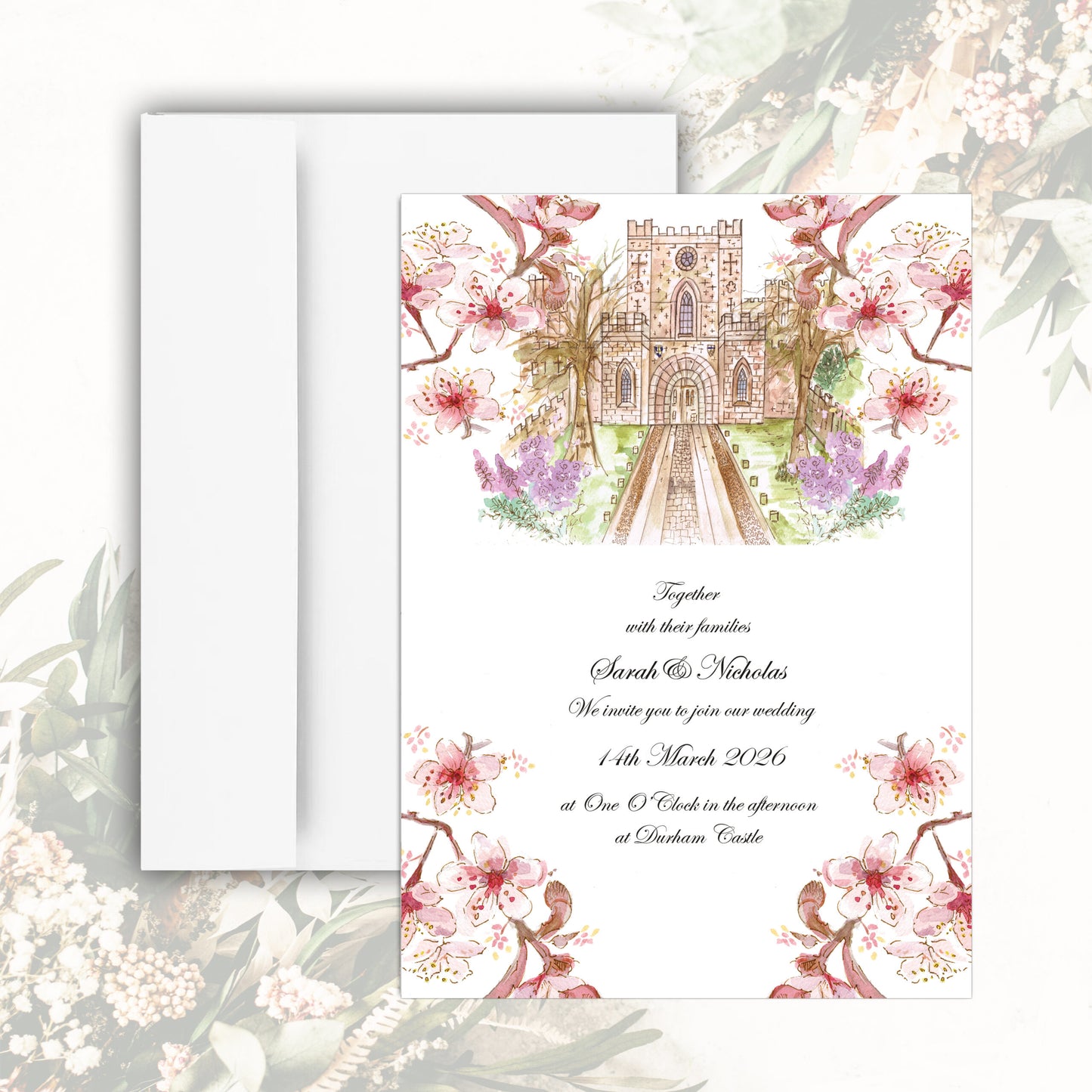 Durham Castle Blossom Wedding Invitation - White