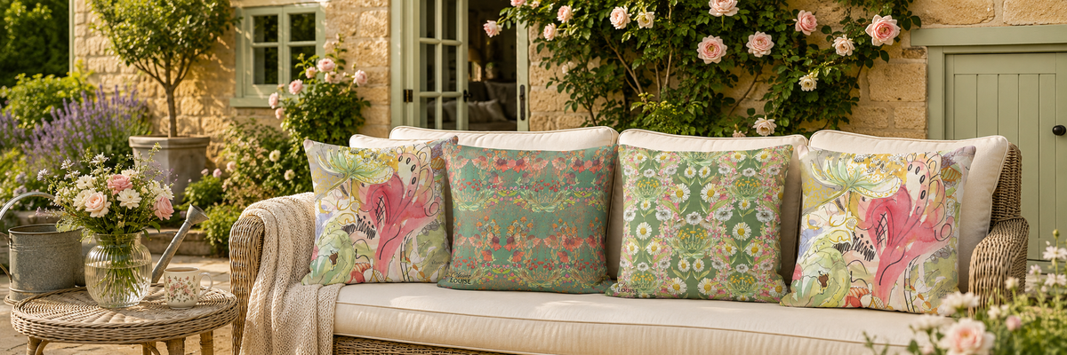 Decorative pillows on a sofa with a garden and building in the background