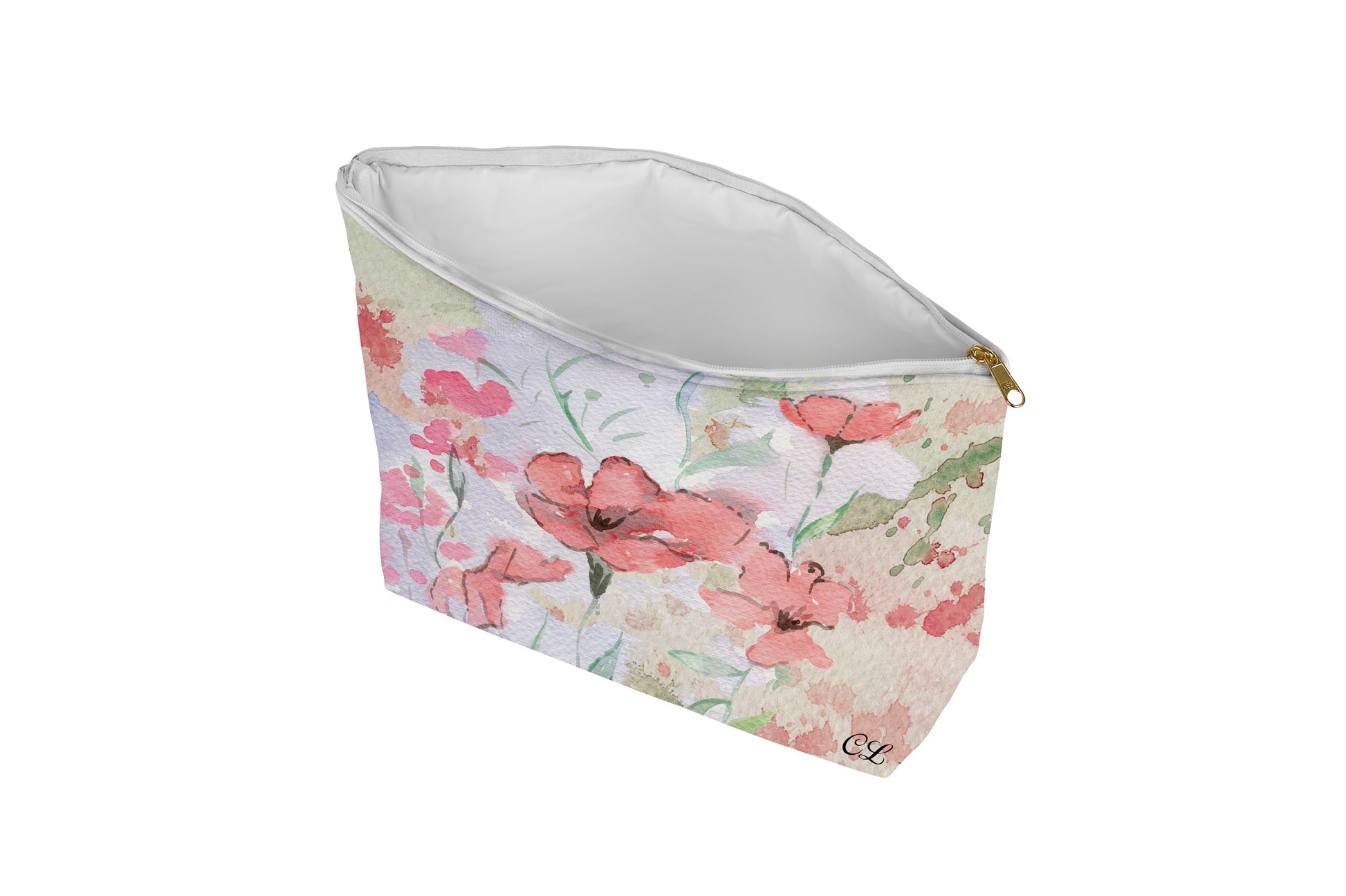 Floral patterned pouch on a white background