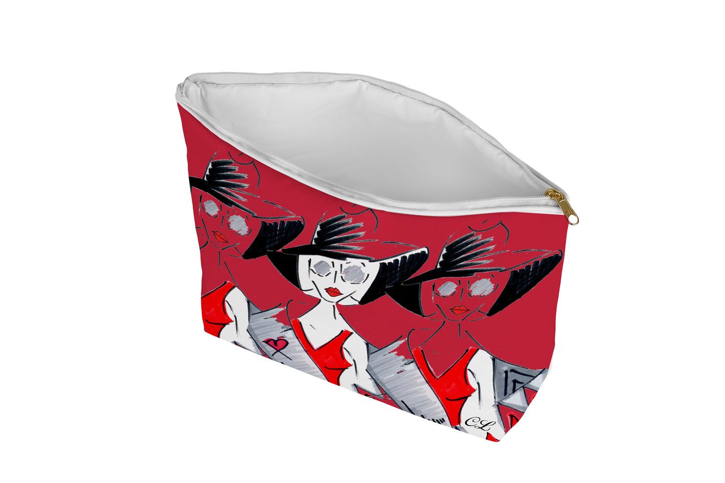 Red pouch with black and white designs on a white background