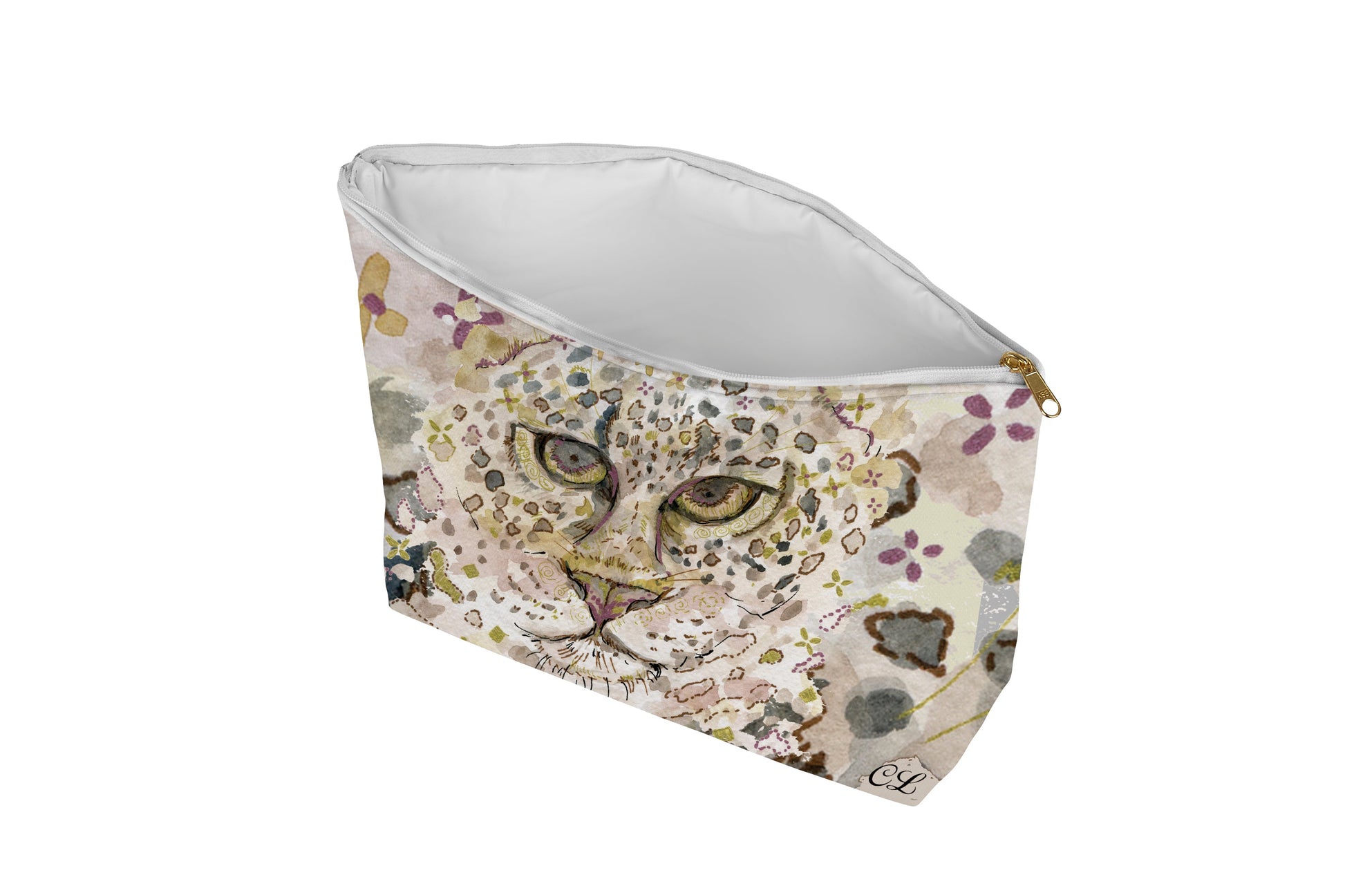 Cosmetic bag with a leopard pattern on a white background