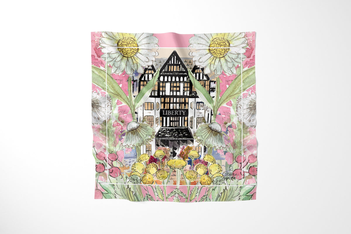 Liberty In Full Bloom Scarf by Claire Louise: watercolour of the black and white Tudor Liberty London store framed by giant daisies, pink blooms and yellow flowers