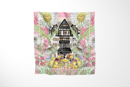 Liberty In Full Bloom Scarf by Claire Louise: watercolour of the black and white Tudor Liberty London store framed by giant daisies, pink blooms and yellow flowers