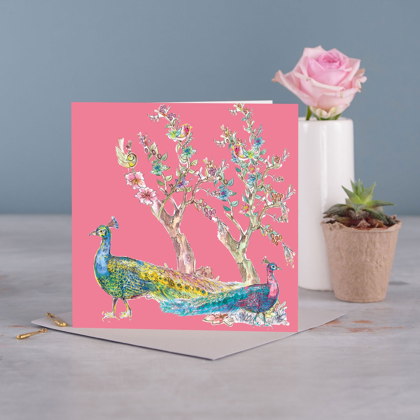 Pink Peacock Greetings Card - Pack of 6