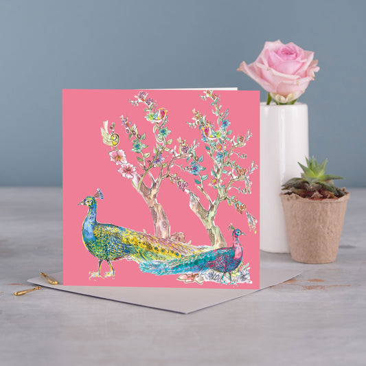Pink Peacock Greetings Card - Pack of 6