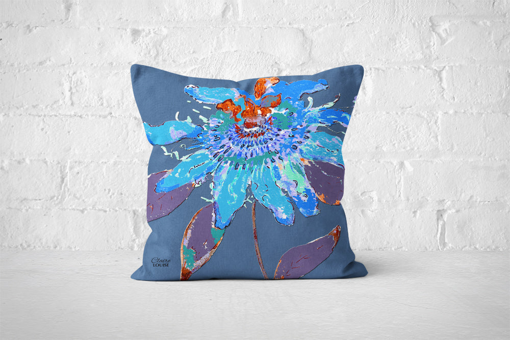 Denim Blue Passion Flower Cushion