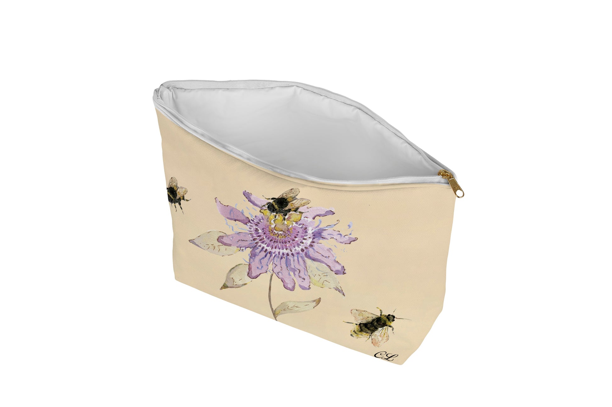 Beige pouch with floral and bee design on a white background