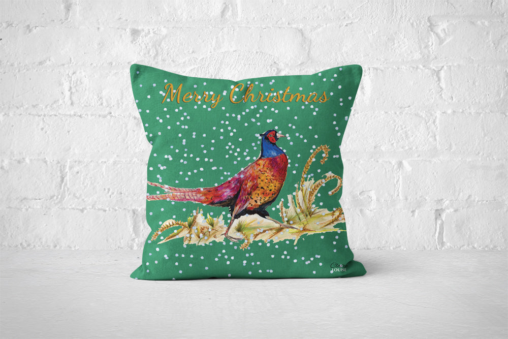 Pheasant Green Christmas Cushion