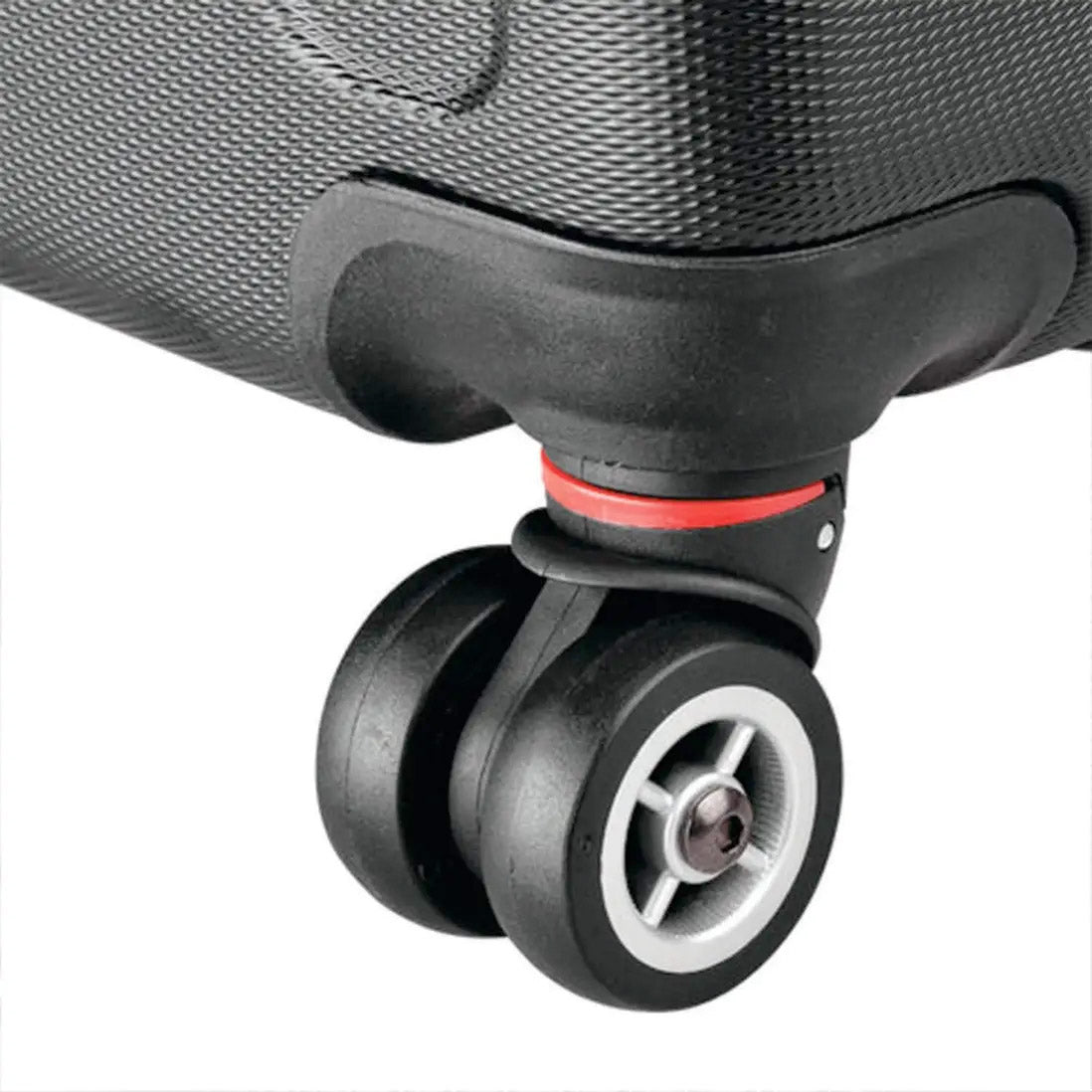 Close-up of a suitcase wheel on a white background