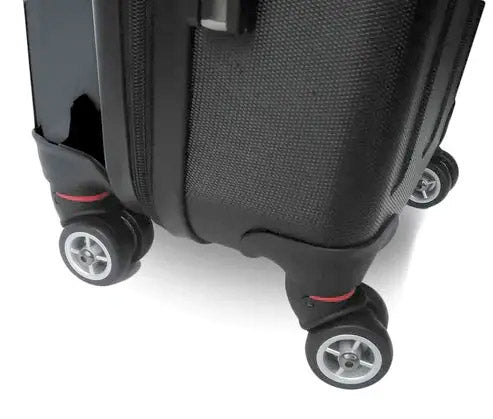 Black suitcase with wheels on a white background